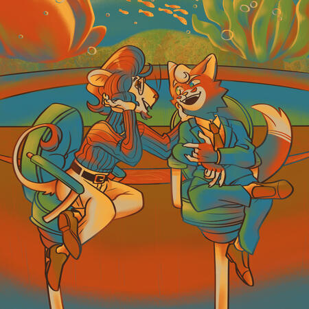 2 characters (interaction), fully shaded, complex bg (limited palette)